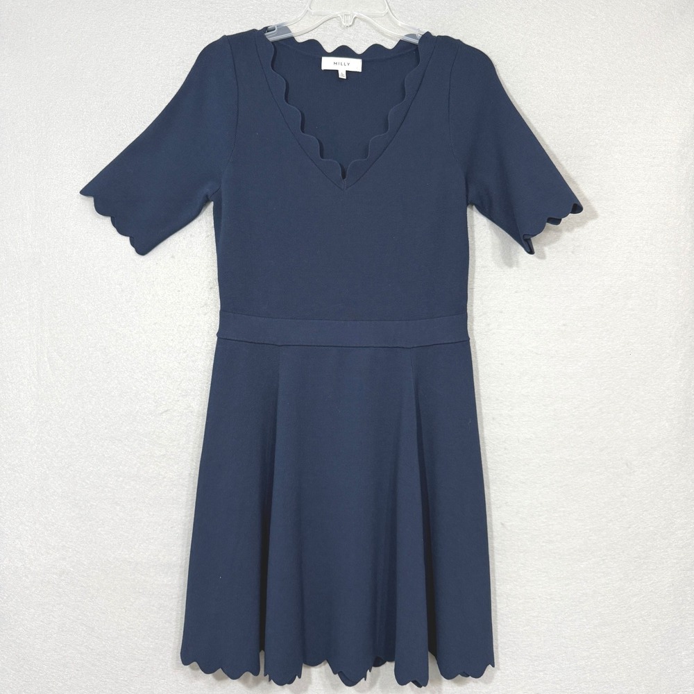 Milly Women's Navy Fit & Flare Dress‎ Size L Scalloped V-Neck Classic Feminine